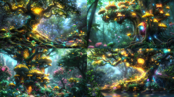 科幻热带雨林，绿色藤蔓植物，蘑菇植物，精灵，发光