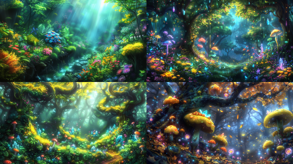 科幻热带雨林，绿色藤蔓植物，有很长很长的藤蔓从树上缠绕到地上，水晶蘑菇植物，精灵，植物在发光，地上有很多五颜六色的果子，非常美丽