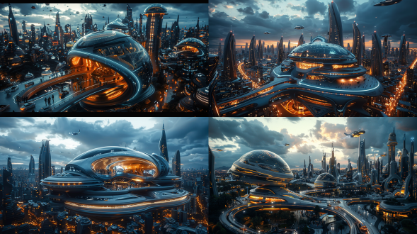 一个未来科幻城市，城市标志性的建筑高楼，科技感繁华摩天大楼，飞行汽车在空中，地下有地下城，城市分为上空和地下，下面的繁华街道营造出一种充满兴奋和欢乐的氛围，人们开车在地下城行驶，街道上人来人往