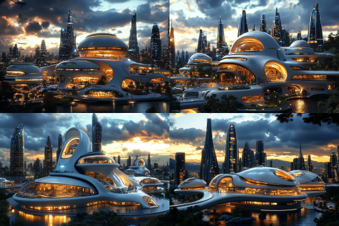 未来学校，建筑群楼，整个校区，包含小学，初中，高中，大学一体化教育，鸟瞰图，超现代，细节，科技感