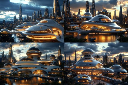 未来学校，科幻建筑群楼，整个校区，包含小学，初中，高中，大学一体化教育，鸟瞰图，超现代，细节，科技感