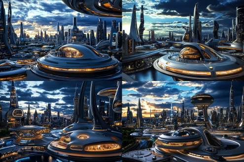 未来学校，建筑群楼，整个校区，包含小学，初中，高中，大学一体化教育，鸟瞰图，超现代，细节，科技感