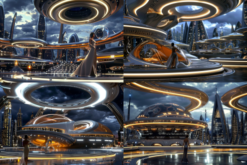 未来城市音乐厅，高科技座椅，悬浮在空中，音乐厅变大圆形舞台演出厅，女歌唱家在中央表演，满座的位置，科技感，科幻，