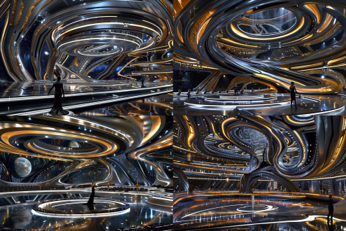 未来城市音乐厅，高端室内空间，歌剧院，高科技座椅，悬浮在空中，音乐厅变大圆形舞台演出厅，女歌唱家在中央表演，满座的位置，科技感，科幻，