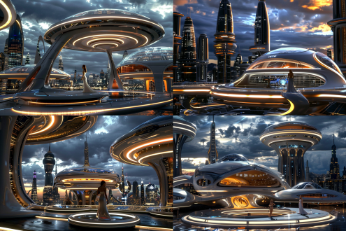 未来城市音乐厅，高科技座椅，悬浮在空中，音乐厅变大圆形舞台演出厅，女歌唱家在中央表演，满座的位置，科技感，科幻，