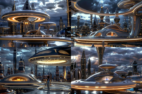 未来城市音乐厅，高科技座椅，悬浮在空中，音乐厅变大圆形舞台演出厅，女歌唱家在中央表演，满座的位置，科技感，科幻，