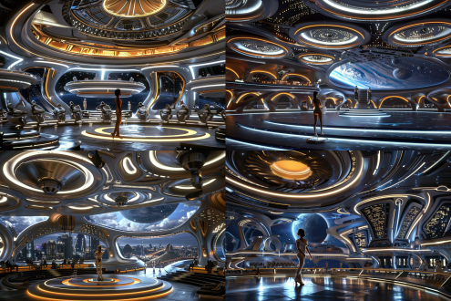 未来城市音乐厅，高科技座椅，悬浮在空中，音乐厅变大圆形舞台演出厅，女歌唱家在中央表演，满座的位置，科技感，科幻，