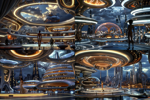 未来城市音乐厅，高科技座椅，悬浮在空中，音乐厅变大圆形舞台演出厅，女歌唱家在中央表演，满座的位置，科技感，科幻，