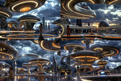 未来城市音乐厅，高科技座椅，悬浮在空中，音乐厅变大圆形舞台演出厅，女歌唱家在中央表演，满座的位置，科技感，科幻，