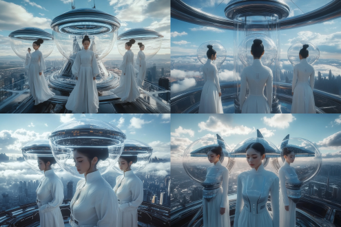 科幻未来引力实验室，高端未来感，在天空之上，一群中国现代主义穿着的女人在发射引力仪式，超写实主义极简风格，科技感，未来感