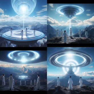 喜马拉雅雪山山巅上空出现了一扇穿越门，发着白色的光，喜马拉雅山发出蓝白色波光传送到天空中，天空中有一个科技感飞行舱，圆形，上面有一群中国女人在用脑电波输送能量，科幻