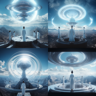 喜马拉雅雪山山巅上空出现了一扇穿越门，发着白色的光，喜马拉雅山发出蓝白色波光传送到天空中，天空中有一个科技感飞行舱，圆形，上面有一群中国女人在用脑电波输送能量，科幻