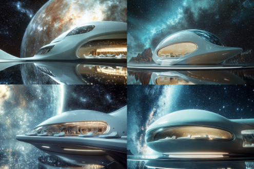 在浩瀚无垠的银河星云里有一颗巨大的星际交流空间。能容纳60000人，像一颗璀璨星球，浮在宇宙中，圆球空间整体呈流线型，高级感，散发着柔和的光芒。白色星光闪烁，极光的色彩斑澜，银河系漫天星星，馆内，高科技极简主义，银白色智能躺椅，像影院空间，能隐隐看到下方流动的能量光带。空间封闭的，外面是一颗类似木星的形体，景观独特，电影感，4k