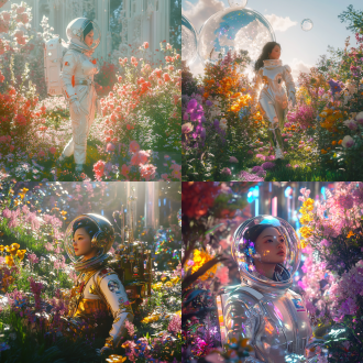 科幻星球，城市花园，一个穿着太空服的中国女人来到花园游玩，一个水晶宫殿，在满是鲜花的草坪上，五颜六色的鲜花，明亮的光，超现实主义，oc渲染，以vray、daz3d，糖果色，科幻。想象力