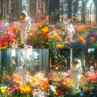科幻星球，城市花园，一个穿着太空服的中国女人来到花园游玩，一个水晶宫殿，在满是鲜花的草坪上，五颜六色的鲜花，明亮的光，超现实主义，oc渲染，以vray、daz3d