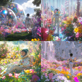 科幻星球，城市花园，一个穿着太空服的中国女人来到花园游玩，一个水晶宫殿，在满是鲜花的草坪上，五颜六色的鲜花，鲜花都是水晶材质。明亮的光，超现实主义，oc渲染，以vray、daz3d，糖果色，科幻。想象力