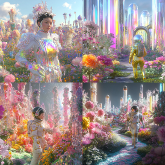 科幻星球，城市花园，一个穿着太空服的中国女人来到花园游玩，一个水晶宫殿，水晶材质的鲜花，在满是水晶鲜花的草坪上，五颜六色，大大小小，跟人一样大的鲜花，鲜花是水晶材质。明亮的光，超现实主义，oc渲染，以vray、daz3d，糖果色，科幻。想象力