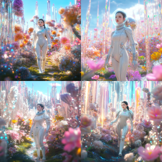 科幻星球，城市花园，一个水晶宫殿建筑白宫。一个穿着太空服的中国女人来到花园游玩，，水晶材质的鲜花，在满是水晶鲜花的草坪上，五颜六色，大大小小，跟人一样大的鲜花，鲜花是水晶材质。明亮的光，超现实主义，oc渲染，以vray、daz3d，糖果色，科幻。想象力