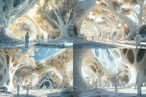 科幻沙漠人类实验室基地，科学家在做实验，新生物活性物质试验，实验室，细胞提取，高科技器械，数字化，全息投影，人参图案，全息大屏幕，高科技，白色明亮色调，室外环境是沙漠里长出的很多大树，白色硅体树干，很多绿色与科技结合的大古树，200米，科技感，智能化，未来主义，想象力，超写实主义，细节，电影感，