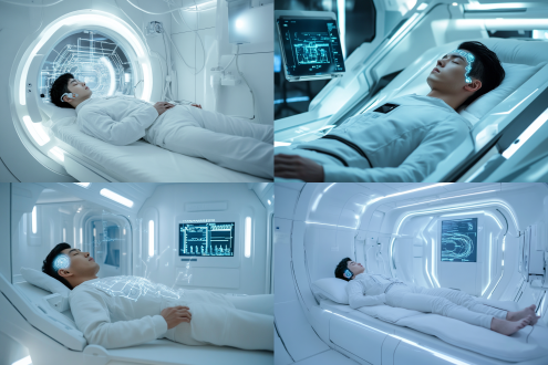 室内智能化实验室做大脑连接实验，一位中国帅气男人3d建模脸躺在高科技，，头上链接着电子产品，闭着眼睛，睡觉的样子，有高科技电子产品链接大脑，白色材质室内，实验室科技感，极简主义，，未来主义风格，细节，全息屏幕，