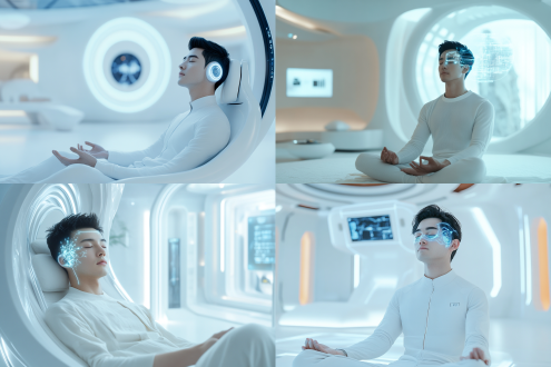 室内智能化家中，做大脑连接实验，一位中国帅气男人3d建模脸坐着，头上链接着高科技电子产品，闭着眼睛，打坐的样子，有高科技电子产品链接大脑，白色极简风主义材质室内，科技感，极简主义，未来主义风格，细节，全息屏幕，