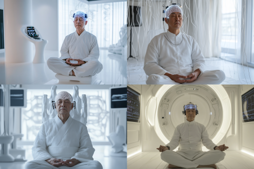 室内智能化家中，做大脑连接实验，一位中国60岁男人3d建模脸坐着，服装白色禅式，头上链接着高科技电子产品，闭着眼睛，打坐的样子，有高科技电子产品链接大脑，白色极简风主义材质室内，科技感，极简主义，未来主义风格，细节，全息屏幕，