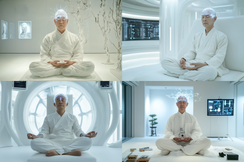 室内智能化家中，做大脑连接实验，一位中国50岁男人3d建模脸坐着，服装白色禅式，头上链接着高科技电子产品，闭着眼睛，打坐的样子，有高科技电子产品链接大脑，白色极简风主义材质室内，科技感，极简主义，未来主义风格，细节，全息屏幕，