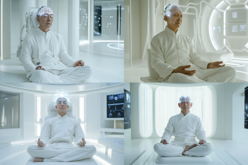 室内智能化家中，做大脑连接实验，一位中国50岁男人3d建模脸坐着，服装白色禅式，头上链接着高科技电子产品，闭着眼睛，打坐的样子，有高科技电子产品链接大脑，白色极简风主义材质室内，科技感，极简主义，未来主义风格，细节，全息屏幕，