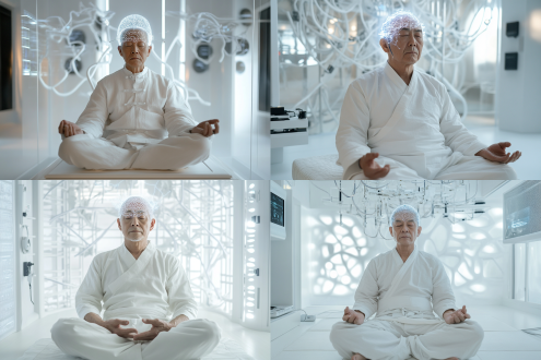 室内智能化家中，做大脑连接实验，一位中国60岁男人3d建模脸坐着，服装白色禅式，头上链接着高科技电子产品，闭着眼睛，打坐的样子，有高科技电子产品链接大脑，白色极简风主义材质室内，科技感，极简主义，未来主义风格，细节，全息屏幕，