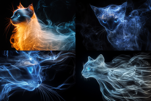 艺术，水墨画，全身，一种霓虹烟抽象形式的动态蓝眼波斯猫轮廓，烟线如流水般柔和自然而绵长，动态模糊，背光，明暗对比强烈，背景纯黑色，水墨意境，奇幻，超现实，意流，烟质感，3d，极简，虚幻，美学，拖，画，禅意，