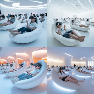科幻未来电影院，一个非常大的白色极简风格室内空间，科技感，好多个中国孩子们坐在悬浮沙发上，沙发椭圆形扁平的浮在空中，每个沙发都是单人位，可以躺着，戴着vr眼睛，不规则的排列，小孩子们戴着vr眼镜。开心快乐的比划，很多小孩都在自己的悬浮沙发上看vr电影，电竞房炫彩灯光，霓虹灯，科幻，想象力，未来科技