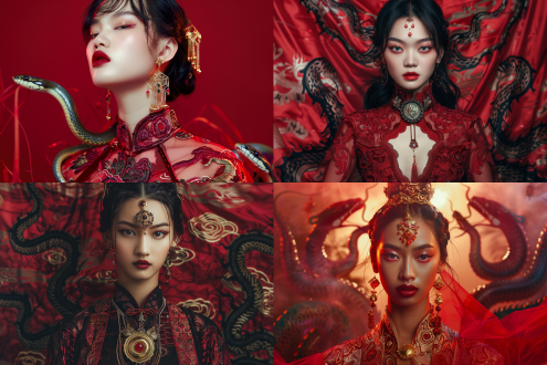 新中式美学摄影棚里，中国蛇，图腾中式元素，中国女人，胸前佩戴黄金饰品吊坠，构图对称，红色调，宏伟，神秘，优雅，奢华。摄影风格
