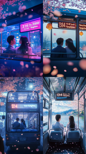杭州西湖，成双成对的热恋中国情侣坐在观光巴士车上环湖，科幻透明充气管构成的双层巴士，双层观光巴士，上下层，科技梦幻唯美车，超现实细节。led屏幕上显示“1314 love 杭州”，背景是西湖苏堤，画面的从右往左行驶，行驶在杭州西湖边，春天，车道两边开满桃花，花瓣洒落在地上，车上坐着成双成对的热恋中国情侣，超现实主义，色调柔和