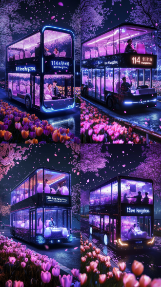 杭州西湖，成双成对的热恋中国情侣坐在观光巴士车上环苏堤游览，超写实主义，科幻透明充气管构成的双层巴士，双层观光巴士，上下层，顶层敞开，樱花落下，科技梦幻唯美车，超现实细节。led屏幕上显示“1314 love 杭州”，背景是西湖苏堤，画面的从右往左行驶，行驶在杭州西湖太子湾，春天，车道两边开满五颜六色的郁金香，车内坐凳变成郁金香的形状，车上坐着成双成对的热恋中国情侣，超现实主义，色调柔和，白色，橙色调，