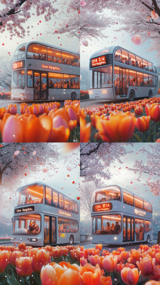 杭州西湖，成双成对的热恋中国情侣坐在观光巴士车上环苏堤游览，超写实主义，科幻透明充气管构成的双层巴士，双层观光巴士，上下层，樱花落下，郁金香作为前景，科技梦幻唯美车，超现实细节。led屏幕上显示“1314 love 杭州”，背景是西湖苏堤，画面的从右往左行驶，行驶在杭州西湖太子湾，春天，车道两边开满五颜六色的郁金香，车内坐凳变成郁金香的形状，车上坐着成双成对的热恋中国情侣，超现实主义，色调柔和，白色，橙色调，
