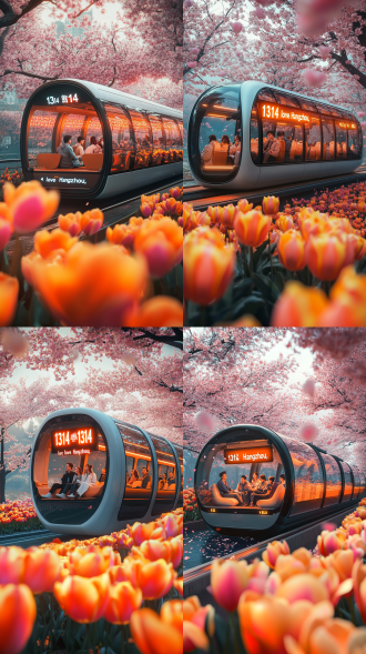 杭州西湖，成双成对的热恋中国情侣坐在观光巴士车上环苏堤游览，超写实主义，科幻透明充气管构成的双层巴士，双层观光巴士，上下层，樱花落下，郁金香作为前景，科技梦幻唯美车，超现实细节。led屏幕上显示“1314 love 杭州”，背景是西湖苏堤，画面的从右往左行驶，行驶在杭州西湖太子湾，春天，车道两边开满五颜六色的郁金香，车内坐凳变成郁金香的形状，车上坐着成双成对的热恋中国情侣，超现实主义，色调柔和，白色，橙色调，
