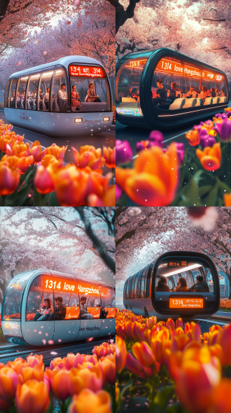 杭州西湖，成双成对的热恋中国情侣坐在观光巴士车上环苏堤游览，超写实主义，科幻透明充气管构成的双层巴士，双层观光巴士，上下层，樱花落下，郁金香作为前景，科技梦幻唯美车，超现实细节。led屏幕上显示“1314 love 杭州”，背景是西湖苏堤，画面的从右往左行驶，行驶在杭州西湖太子湾，春天，车道两边开满五颜六色的郁金香，车内坐凳变成郁金香的形状，车上坐着成双成对的热恋中国情侣，超现实主义，色调柔和，白色，橙色调，
