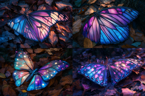 一只美丽的五颜六色的蝴蝶翅膀，有一只翅膀断掉了，接上了机械纤维的翅膀，薄的像真实的翅膀一样，蝴蝶蓝紫色粉色，在森林落叶中，以幻想艺术风格进行3d渲染，具有超现实的细节，具有鲜艳的颜色，明亮色调，具有高度详细的元素，具有高分辨率，超写实，未来感