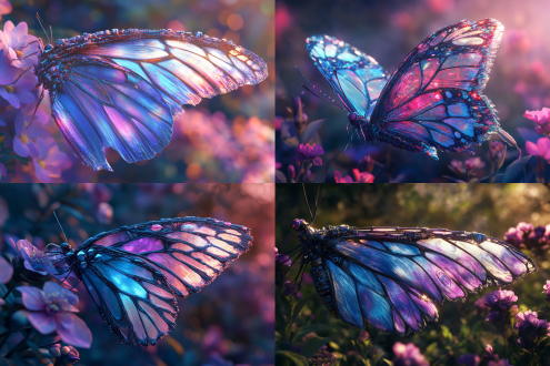 一只美丽的五颜六色的蝴蝶翅膀，断掉一只翅膀，接上了机械纤维的翅膀，能看到一只翅膀上机械组成清晰的肌理纹路，蝴蝶蓝紫色粉色，在花丛中飞舞，以幻想艺术风格进行3d渲染，具有超现实的细节，具有鲜艳的颜色，明亮色调，具有高度详细的元素，具有高分辨率，超写实，未来感