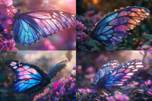 一只美丽的五颜六色的蝴蝶翅膀，断掉一只翅膀，接上了机械纤维的翅膀，能看到一只翅膀上机械组成清晰的肌理纹路，蝴蝶蓝紫色粉色，在花丛中飞舞，以幻想艺术风格进行3d渲染，具有超现实的细节，具有鲜艳的颜色，明亮色调，具有高度详细的元素，具有高分辨率，超写实，唯美艺术感