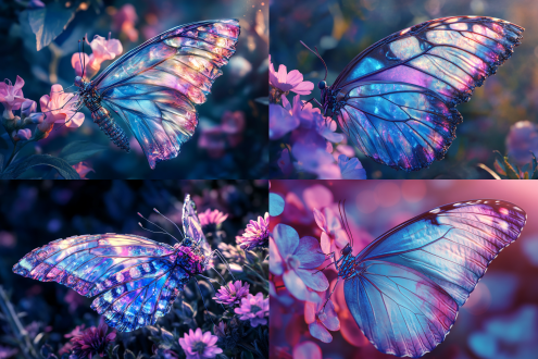 一只美丽的五颜六色的蝴蝶翅膀，断掉一只翅膀，接上了机械纤维的翅膀，能看到一只翅膀上机械组成清晰的肌理纹路，蝴蝶蓝紫色粉色，在花丛中飞舞，以幻想艺术风格进行3d渲染，具有超现实的细节，具有鲜艳的颜色，明亮色调，具有高度详细的元素，具有高分辨率，超写实，唯美艺术感