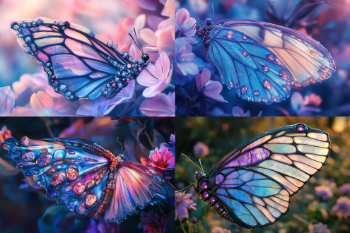 一只美丽的五颜六色的蝴蝶翅膀，一只是原生翅膀，另一只接上了机械纤维的翅膀，机械组成清晰的肌理纹路，蝴蝶蓝紫色粉色，在花丛中飞舞，以幻想艺术风格进行3d渲染，具有超现实的细节，具有鲜艳的颜色，明亮色调，具有高度详细的元素，具有高分辨率，超写实，唯美艺术感