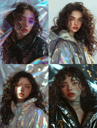 女孩，穿着激光透明pvc纹理服装，棱镜，忧郁的表情，美丽的眼睛，光彩夹克风服饰，深棕色长卷发，有气质，镭射光影，超高清，写实，简单的背景，细节丰富，专业镜头，50mm镜头，