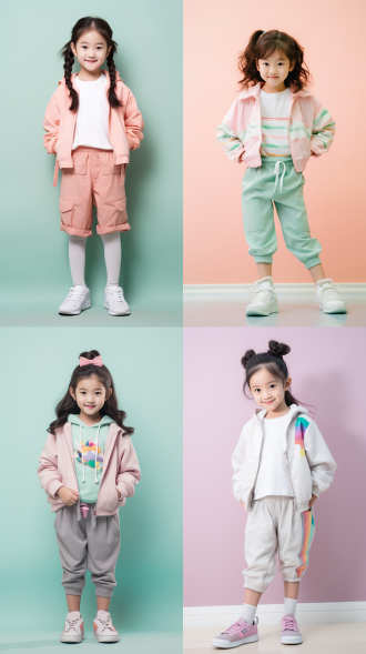 高清像素，自然光源，正面打光，4岁中国女童全身入镜，站立姿势，头发扎成两个小丸子，笑容灿烂，目光看向镜头，运动鞋，白色背景墙，稚气可爱，粉彩色，明亮，全身，童装。
