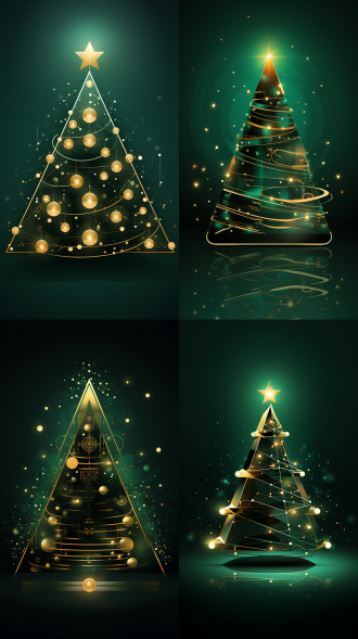 金色圣诞树，科技线条圣诞树，平面设计，营造出整体简洁而引人注目的视觉效果，为圣诞节营造了节日氛围，绿色背景