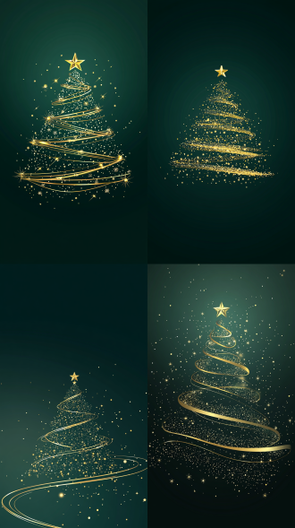 金色线条，圣诞树，平面设计，营造出整体简洁而引人注目的视觉效果，为圣诞节营造了节日氛围，绿色背景