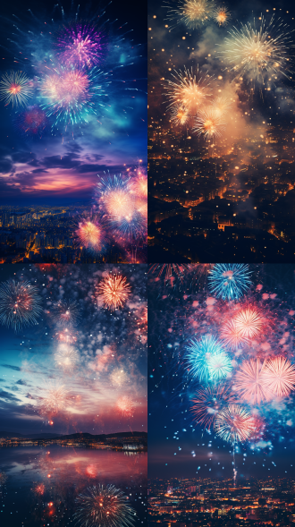 烟花照亮夜空，现代风格场景，中心构图，喜庆氛围，冷色调，长焦镜头，仰拍，绽放，希望，快乐。