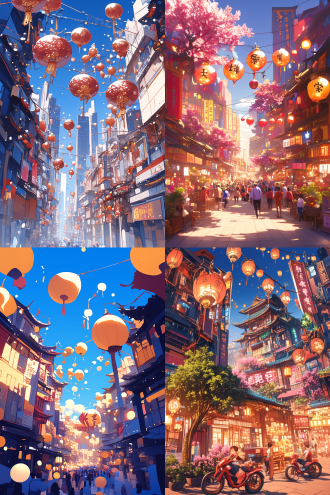 平面插画海报，元宵节街道，街道上两侧是中式建筑，灯火通明，热闹气愤，画面简洁，逼真，中下部构图，上半部分是深蓝色夜空，