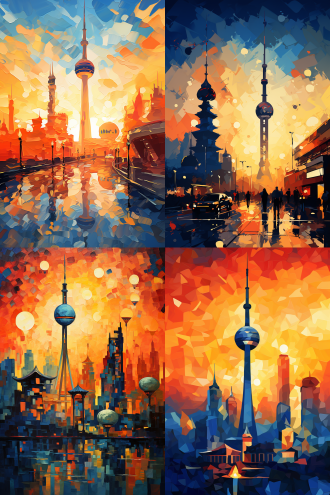 中国建筑，中国尊，中央电视塔，鸟巢，水立方，城市轨道，插画，中式灯笼，敦煌艺术风，中国红藏青金箔背景，长焦镜头，冷光，细腻笔触，静谧氛围。