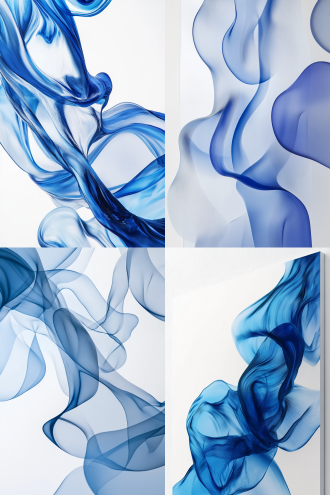 白色背景，蓝色抽象流体形状的渲染